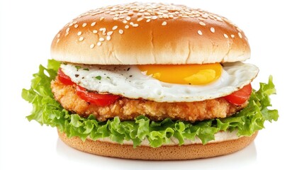Poster - Chicken and egg burger with fresh vegetables in a sesame seed bun healthy delicious meal on a white background