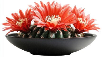 Aufkleber - Cactus plant with vibrant red flowers in a sleek black pot against a minimalist white background showcasing botanical beauty