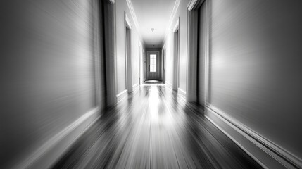 Aufkleber - Abstract blurred perspective of a hallway in black and white featuring elongated lines and light reflections on the floor.
