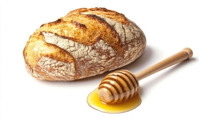 Aufkleber - Freshly baked bread loaf with honey and a wooden dipper against a clean white background showcasing a rustic and appetizing arrangement