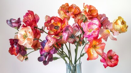 Poster - Vibrant floral arrangement in a glass vase showcasing colorful blooms against a minimalist white background ideal for decorative themes.