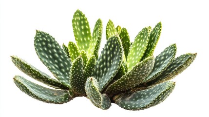Poster - Cactus plant with vibrant green leaves showcasing unique texture on a clean white background for nature and decoration themes