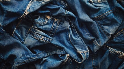 Aufkleber - Wrinkled blue denim fabric background showcasing texture and depth ideal for fashion or textile related projects