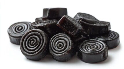 Poster - Black licorice candy assortment with various shapes and textures on a white background ideal for confectionery or dessert themes