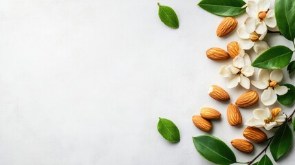 Aufkleber - Almonds with green leaves and delicate flowers arranged on a light background creating an elegant natural composition