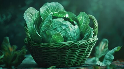 Poster - Freshly harvested cabbage displayed in a rustic green basket on a textured surface with a lush background