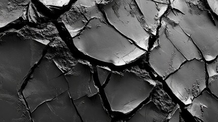 Poster - Dry cracked mud texture close up abstract pattern showcasing intricate shapes and detail in monochrome tones for artistic backgrounds.