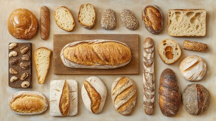 Aufkleber - Bread varieties arranged on a wooden board in a flat lay view ideal for kitchen or bakery promotional material