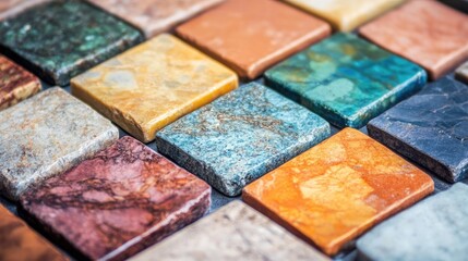 Poster - Colorful granite tile pieces arranged in a decorative pattern showcasing a variety of natural stone textures and vibrant hues.