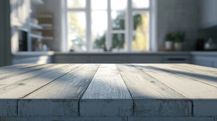 Aufkleber - Bleached wooden tabletop with blurred summer kitchen window background showcasing natural light and a serene atmosphere