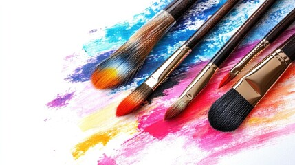 Poster - Colorful paint strokes and brushes arranged artistically on a white background showcasing artistic creativity and expression in vibrant hues