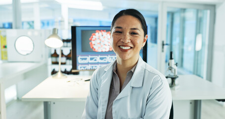Poster - Woman, scientist and smile in portrait at lab for virus, particles or medical research in pharmaceutical job. Person, happy and pride for clinical study, career and mpox vaccine development in Taiwan