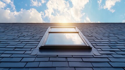 Poster - Skylight on Shingled Roof Bathed in Sunlight Against a Blue Sky with Clouds Roof Construction and Home Improvement Concept