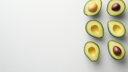 Poster - Freshly cut avocados displayed on a clean white background showcasing their creamy texture and unique seed variations