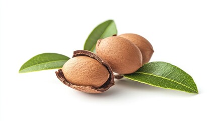 Aufkleber - Almonds in shell with green leaves on white background showcasing natural texture and healthy snack options for culinary use.