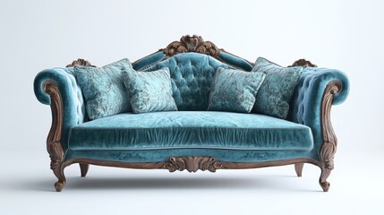 Poster - Elegant vintage sofa with plush cushions showcasing luxurious fabric and intricate woodwork in a bright studio setting