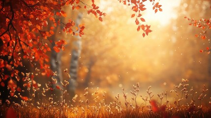 Poster - Autumn foliage landscape with warm golden hues and falling leaves creating a cozy thanksgiving atmosphere in nature.