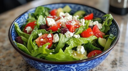Aufkleber - Vibrant Greek Salad with Fresh Vegetables and Feta Cheese in Decorative Bowl