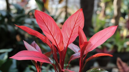 Poster - Vibrant red foliage of Miana plant showcasing lush tropical beauty in a tranquil garden setting. Perfect for nature and gardening themes.