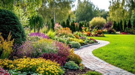 Poster - Vibrant autumn garden landscape featuring a variety of colorful flowers and plants in a well-designed park setting with a curved path.