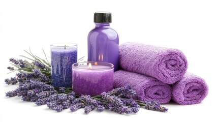 Aufkleber - Lavender scented air freshener towels candles and lavender flowers arrangement on white background for relaxation and wellness setting