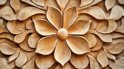 Wall Mural - Intricate flower perforated design intricately carved into a wooden wall showcasing artistic craftsmanship and natural aesthetics