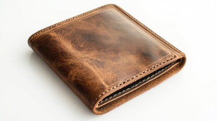Poster - Vintage Brown Leather Wallet with Textured Finish on Clean White Background