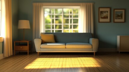 Poster - Cozy living room interior softly illuminated by natural light with a minimalist design and serene colors for relaxation and comfort