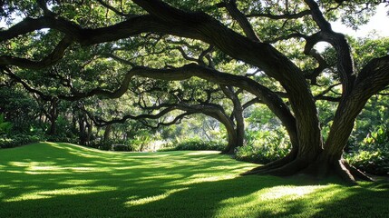 Poster - Lush garden landscape featuring majestic shady trees creating a serene and tranquil outdoor atmosphere