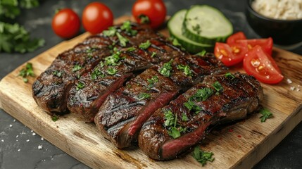 Aufkleber - Grilled Beef Tongue Slices Served with Fresh Vegetables and Herbs on Wooden Cutting Board