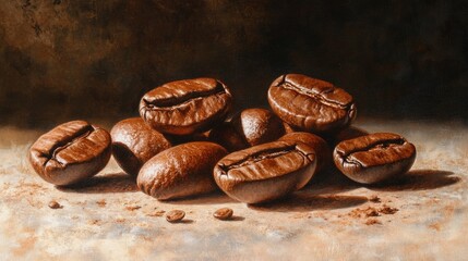 Poster - Dark roasted coffee beans arranged on a rustic surface showcasing their rich texture and color with a blurred background.