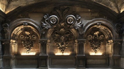 Poster - Ornate architectural wall with intricate carvings and subtle lighting.