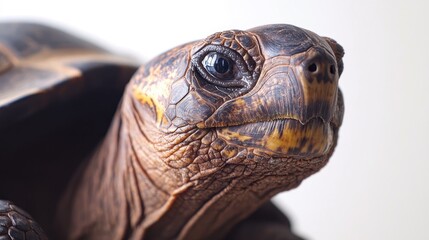 Poster - Spurred tortoise close-up portrait displaying unique features and charming expression on a clean white background
