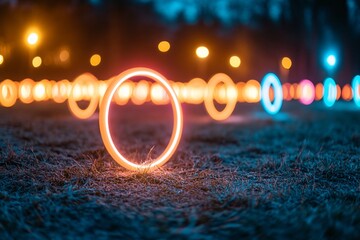 Canvas Print - Colorful glowing rings illuminated on a grassy field at dusk.