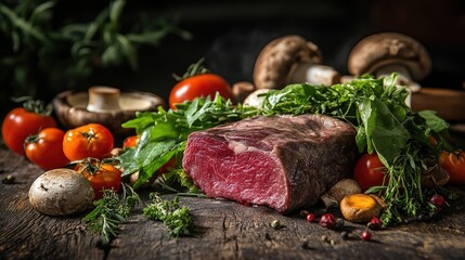 Poster - Beef Cheeks Surrounded by Fresh Vegetables and Mushrooms in Natural Light Rustic Still Life Composition