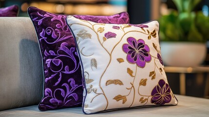 Aufkleber - Elegant decorative pillows with floral patterns on a plush sofa creating a cozy and inviting interior space ambiance.