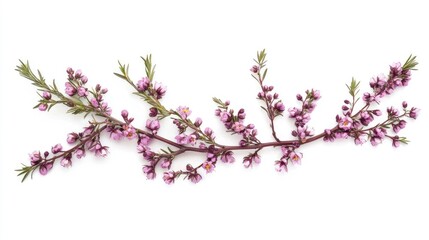Poster - Heather branch with delicate purple flowers elegantly arranged on a white background showcasing natural beauty and floral design.