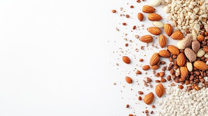Poster - Mixed assortment of nuts including almonds arranged artistically on a clean white background for a healthy snack concept.