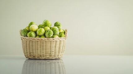 Aufkleber - Fresh Brussels sprouts in a woven basket on a reflective surface against a soft neutral background showcasing their vibrant green color.