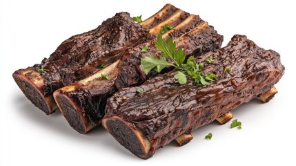 Poster - Barbecue beef short ribs garnished with parsley on a white background showcasing delicious grilled flavor and high-quality presentation