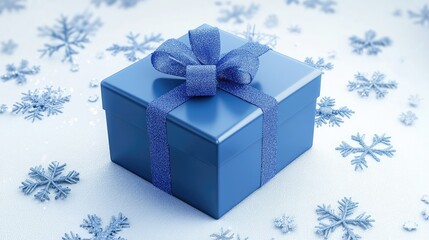 Aufkleber - Blue gift box with a ribbon on a snowy white background featuring decorative snowflakes for a festive winter season ambiance