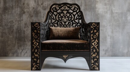Poster - Elegant Arabic Arabesque chair with intricate designs and rich upholstery against a textured background ideal for interior design themes.