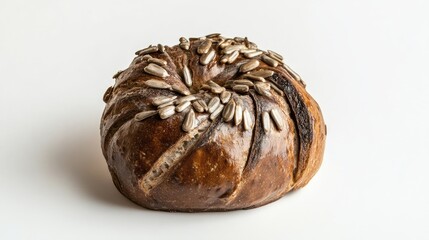 Aufkleber - French rye bread bun topped with sunflower seeds on a plain white background highlighting its texture and rustic appeal.
