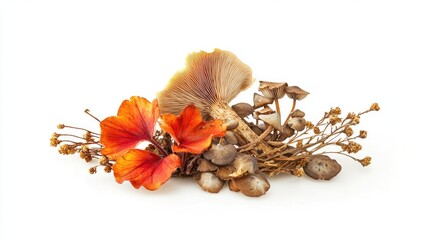 Aufkleber - Autumn arrangement of wild mushrooms and dried flowers on a clean white background showcasing seasonal natural beauty and textures
