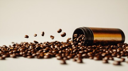 Poster - Coffee beans spilling from a container on a white backdrop showcasing freshness and quality of coffee with a modern aesthetic appeal