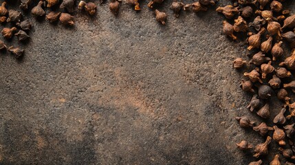 Poster - Dried brown cloves arranged on a textured stone surface creating a rustic culinary background for food photography.