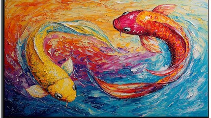 Wall Mural - Vibrant koi fish in swirling, colorful water.