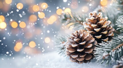 Poster - Pine cones with snow on a winter background decorated for Christmas with sparkling lights and soft snowflakes in a warm bokeh scene