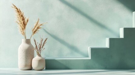 Poster - Minimalist interior design showcasing ceramic vases against a teal plaster wall with steps, emphasizing neutral home decor aesthetics.