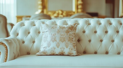 Poster - Elegant vintage pillow on luxurious tufted sofa in a stylish living room interior with warm lighting and decorative details